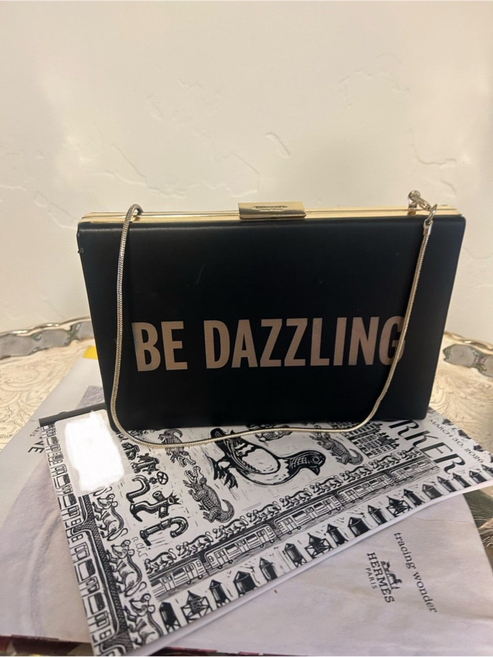 Kate Spade Novelty Black "Be Dazzling" Box Clutch with Gold Chain